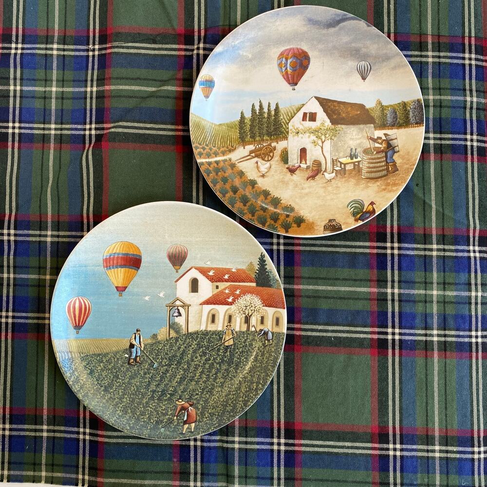 Vandor Lowell Herrero Pair of 8"‎ Porcelain Plates Hot Air Balloons Farm Village